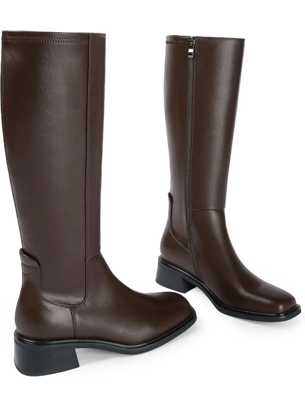 Women's Chocolate Faux Leather Square Toe Knee High With Side Zipper Boots
